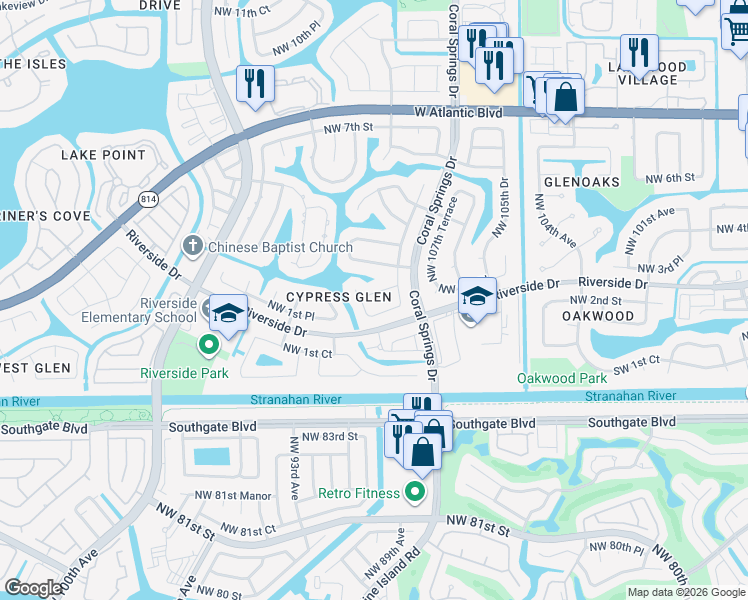 map of restaurants, bars, coffee shops, grocery stores, and more near 11010 Northwest 2nd Street in Coral Springs