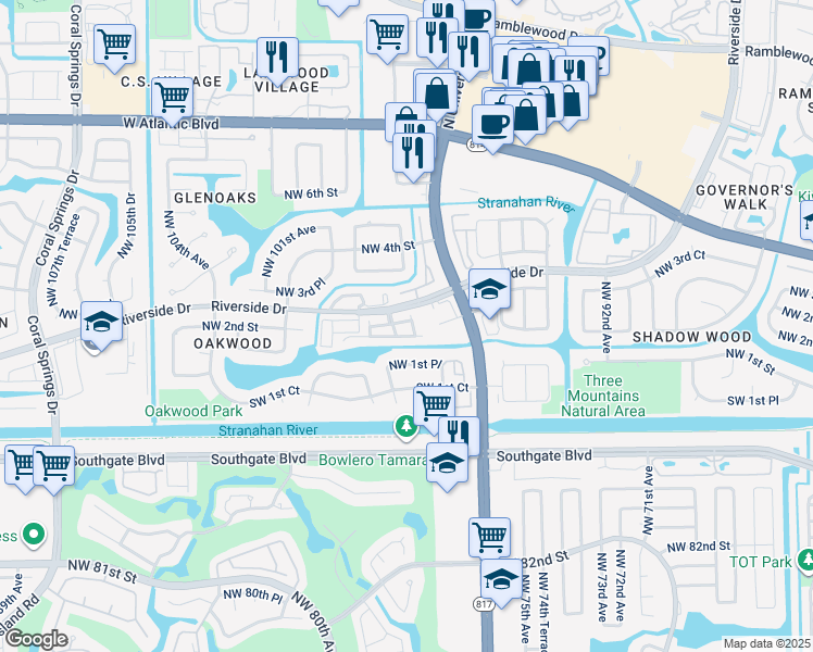 map of restaurants, bars, coffee shops, grocery stores, and more near 160 Northwest 97th Terrace in Coral Springs