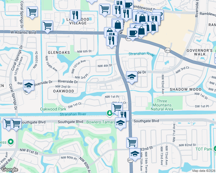 map of restaurants, bars, coffee shops, grocery stores, and more near 160 Northwest 97th Terrace in Coral Springs