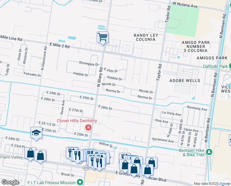 map of restaurants, bars, coffee shops, grocery stores, and more near 2418 Norma Drive in Mission