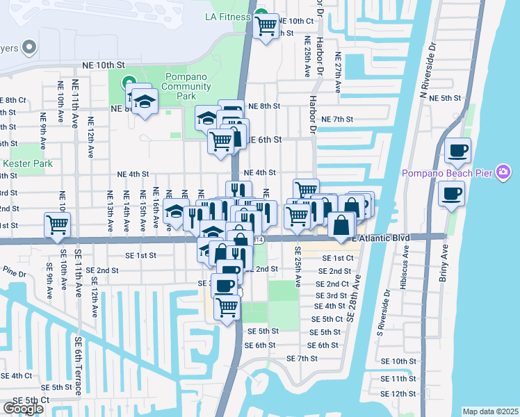 map of restaurants, bars, coffee shops, grocery stores, and more near 2228 Northeast 2nd Street in Pompano Beach