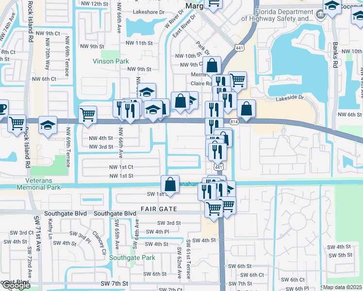 map of restaurants, bars, coffee shops, grocery stores, and more near 6047 Northwest 3rd Street in Margate