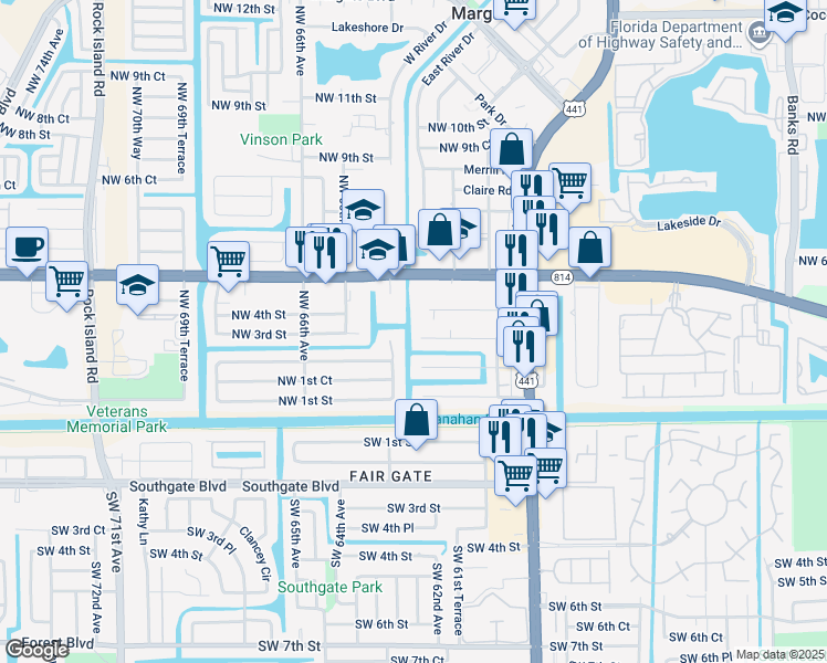 map of restaurants, bars, coffee shops, grocery stores, and more near 6083 Northwest 3rd Street in Margate
