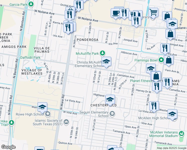 map of restaurants, bars, coffee shops, grocery stores, and more near 2901 North 32nd Street in McAllen