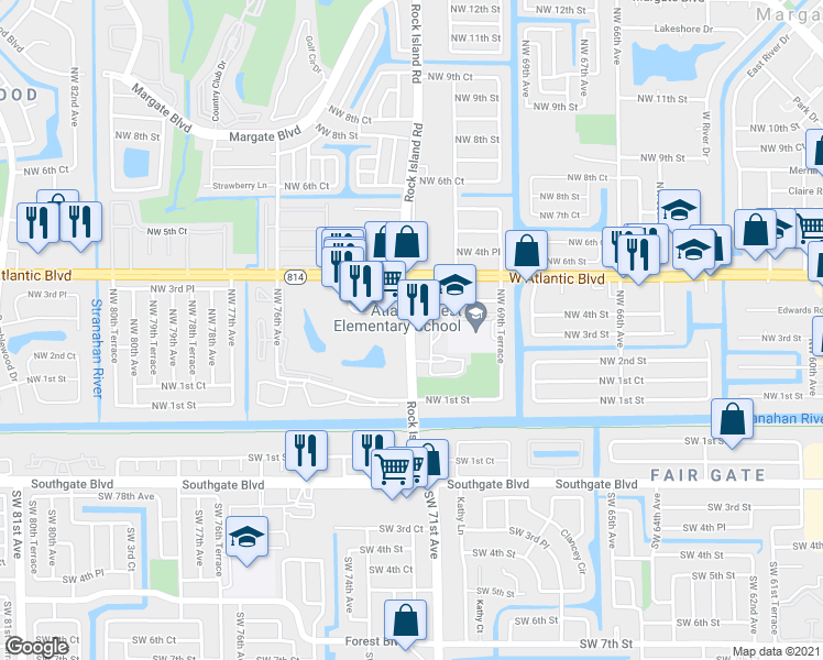 map of restaurants, bars, coffee shops, grocery stores, and more near 386 North Rock Island Road in Margate