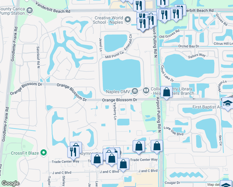 map of restaurants, bars, coffee shops, grocery stores, and more near 7183 Mill Pond Circle in Naples