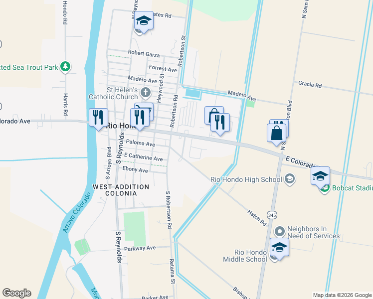 map of restaurants, bars, coffee shops, grocery stores, and more near 119 Yeoman Street in Rio Hondo