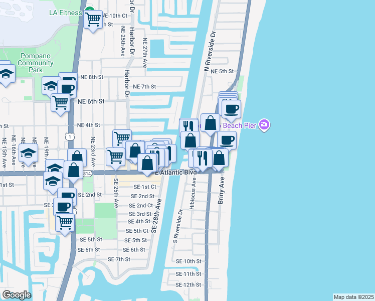 map of restaurants, bars, coffee shops, grocery stores, and more near 101 North Riverside Drive in Pompano Beach
