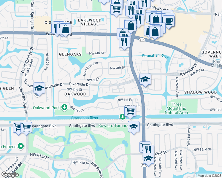map of restaurants, bars, coffee shops, grocery stores, and more near 170 Northwest 98th Way in Coral Springs
