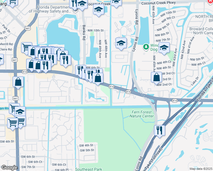 map of restaurants, bars, coffee shops, grocery stores, and more near 4868 West Atlantic Boulevard in Margate