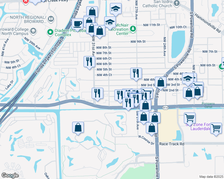 map of restaurants, bars, coffee shops, grocery stores, and more near 2921 Northwest 2nd Street in Pompano Beach