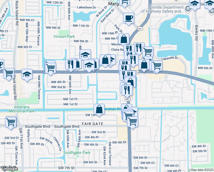 map of restaurants, bars, coffee shops, grocery stores, and more near 6043 Northwest 3rd Street in Margate