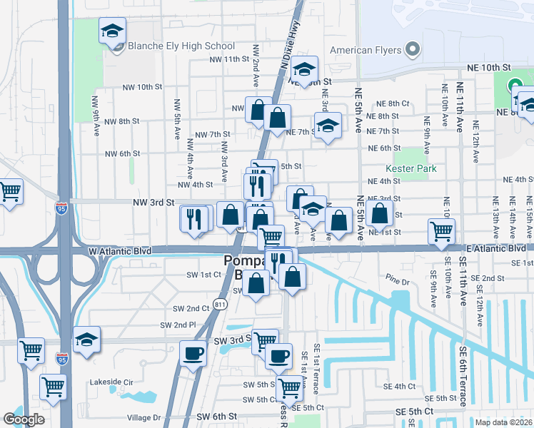 map of restaurants, bars, coffee shops, grocery stores, and more near 103 Northeast 2nd Street in Pompano Beach