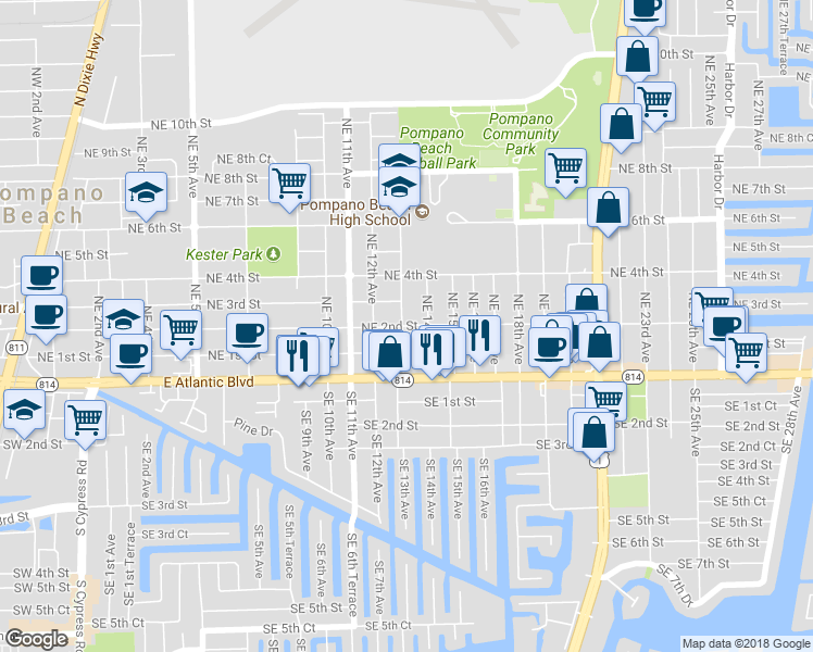 map of restaurants, bars, coffee shops, grocery stores, and more near 1300 Northeast 2nd Street in Pompano Beach
