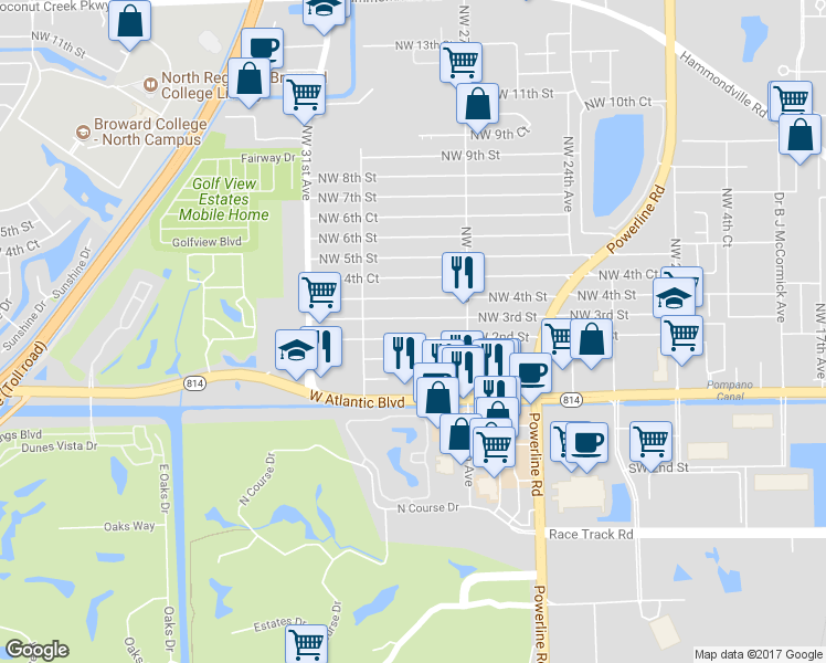 map of restaurants, bars, coffee shops, grocery stores, and more near 2805 Northwest 2nd Street in Pompano Beach