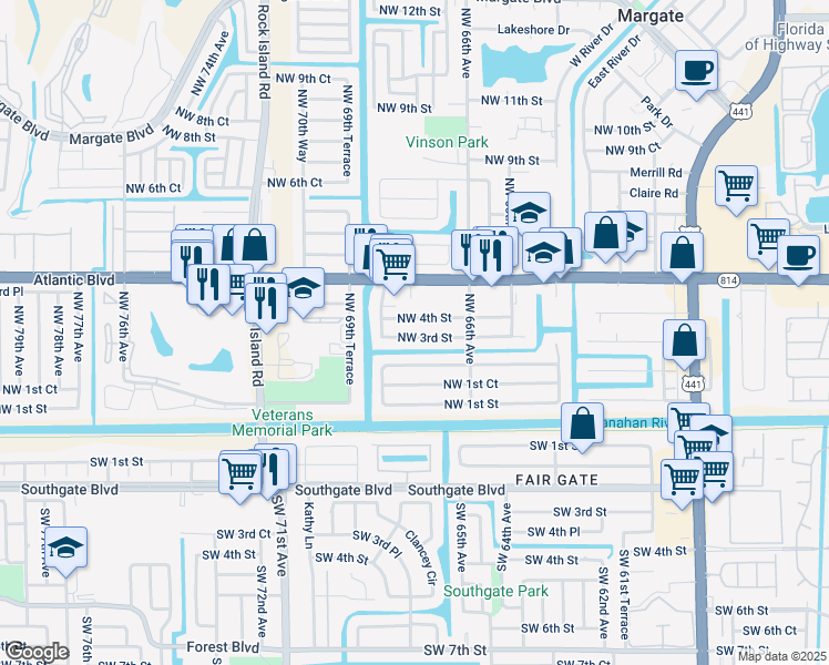 map of restaurants, bars, coffee shops, grocery stores, and more near 6799 Northwest 3rd Street in Margate