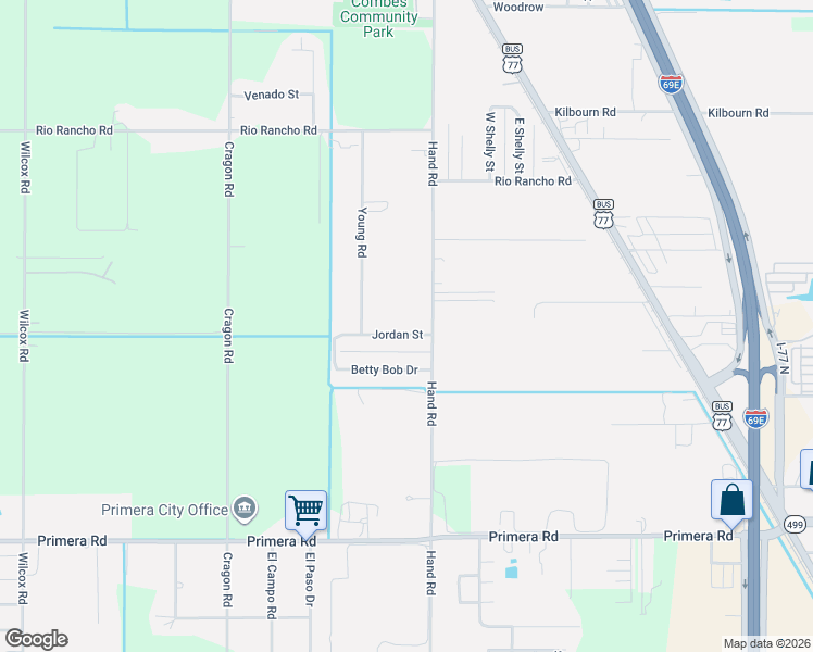 map of restaurants, bars, coffee shops, grocery stores, and more near 17991 Jordan Street in Harlingen