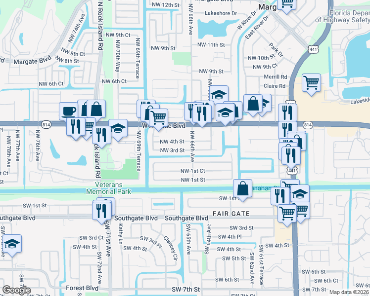 map of restaurants, bars, coffee shops, grocery stores, and more near 6645 Northwest 3rd Street in Margate