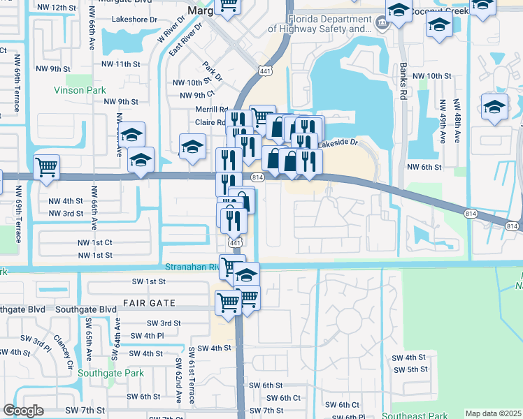 map of restaurants, bars, coffee shops, grocery stores, and more near 62 West Palm Drive in Margate