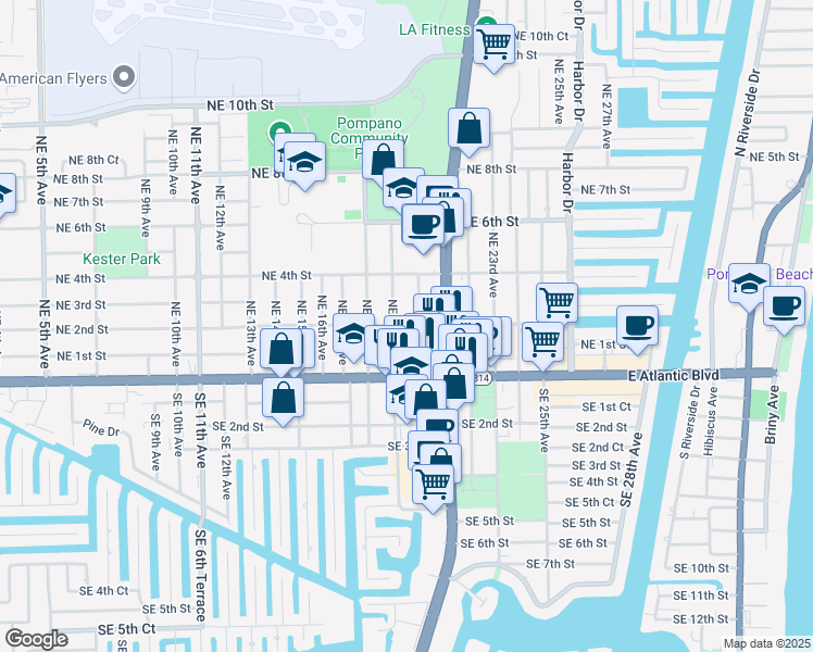 map of restaurants, bars, coffee shops, grocery stores, and more near 1950 Northeast 2nd Street in Pompano Beach