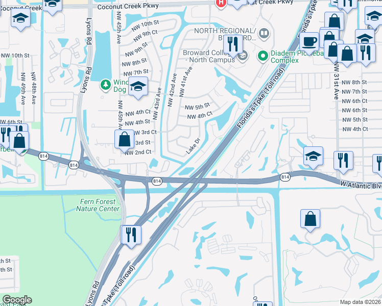 map of restaurants, bars, coffee shops, grocery stores, and more near 260 Lake Drive in Coconut Creek