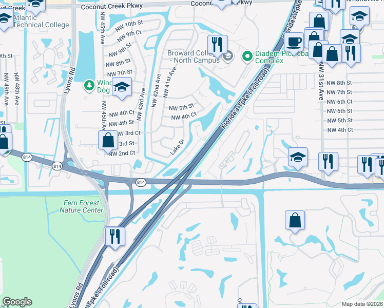 map of restaurants, bars, coffee shops, grocery stores, and more near 296 Sunshine Drive in Coconut Creek