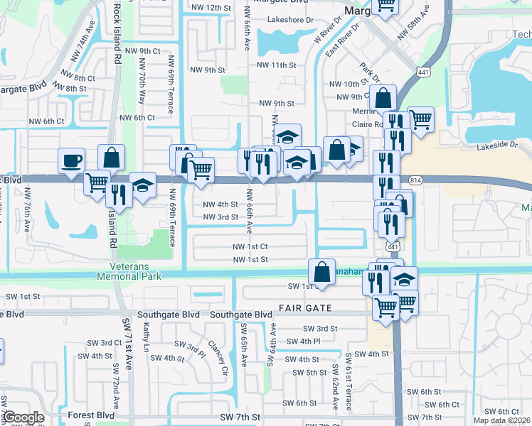map of restaurants, bars, coffee shops, grocery stores, and more near 6575 Northwest 3rd Street in Margate