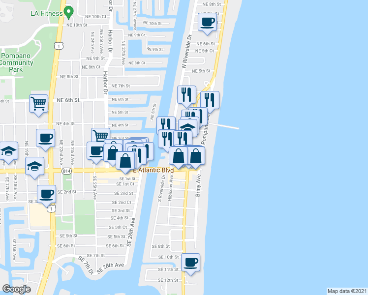 map of restaurants, bars, coffee shops, grocery stores, and more near in Pompano Beach