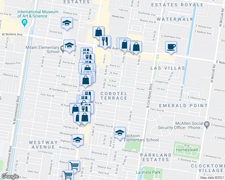 map of restaurants, bars, coffee shops, grocery stores, and more near 610 Hibiscus Avenue in McAllen