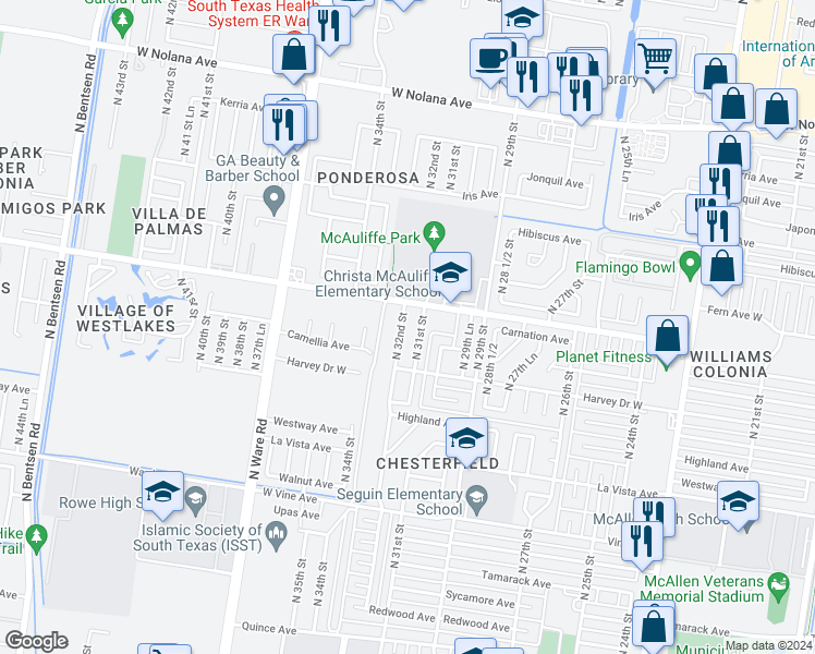 map of restaurants, bars, coffee shops, grocery stores, and more near 2904 North 32nd Street in McAllen