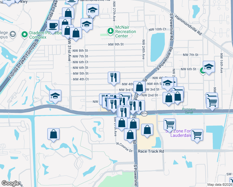 map of restaurants, bars, coffee shops, grocery stores, and more near 2631 Northwest 2nd Street in Pompano Beach