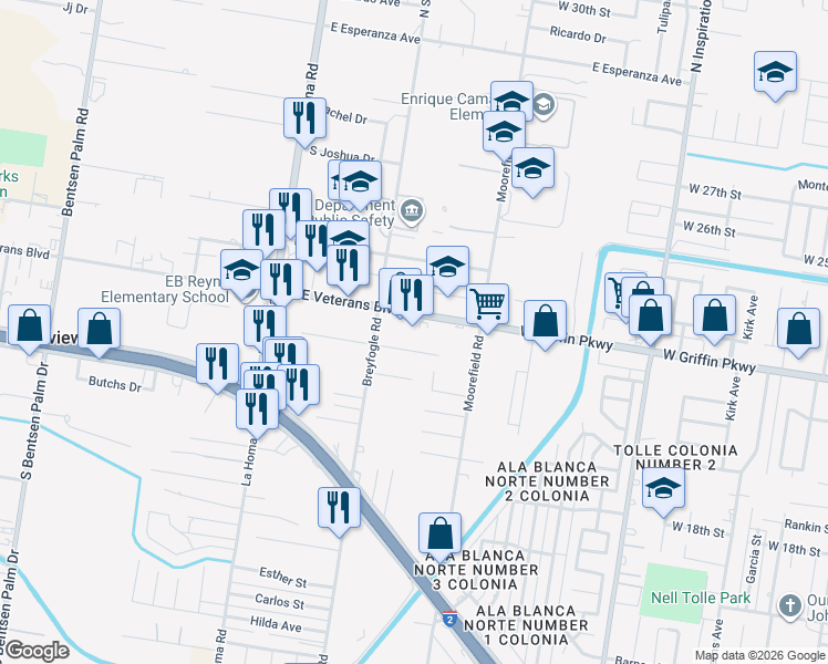 map of restaurants, bars, coffee shops, grocery stores, and more near 1117 East Veterans Boulevard in Palmview