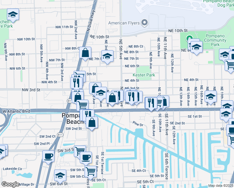 map of restaurants, bars, coffee shops, grocery stores, and more near 425 Northeast 2nd Street in Pompano Beach