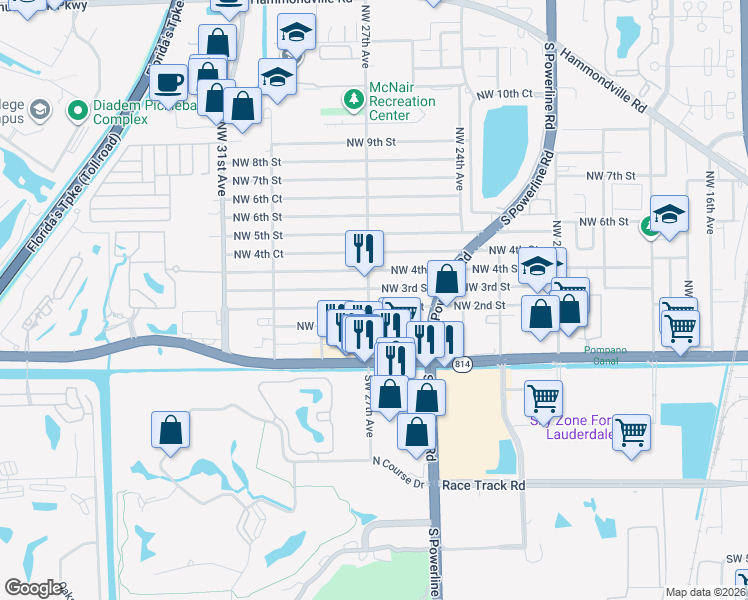 map of restaurants, bars, coffee shops, grocery stores, and more near 2631 Northwest 2nd Street in Pompano Beach