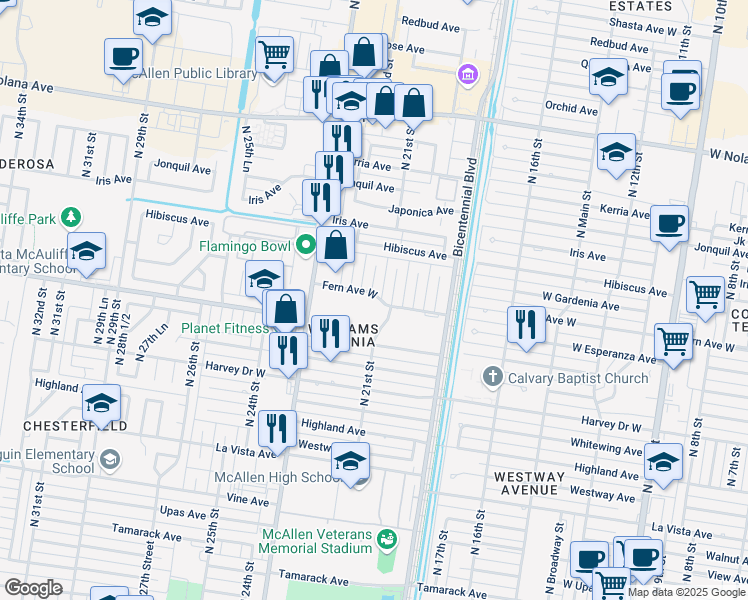 map of restaurants, bars, coffee shops, grocery stores, and more near 2107 Fern Avenue West in McAllen