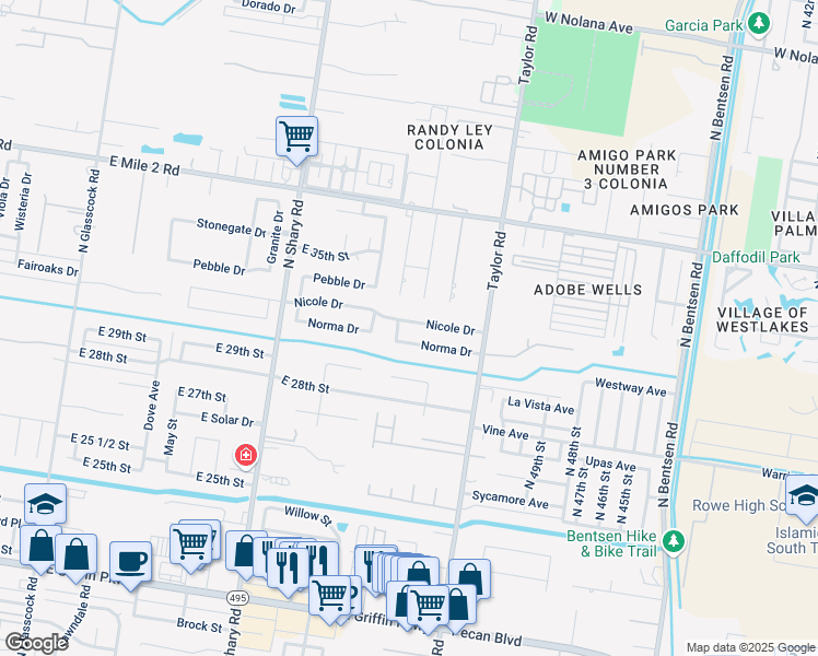 map of restaurants, bars, coffee shops, grocery stores, and more near 2506 Nicole Drive in Mission