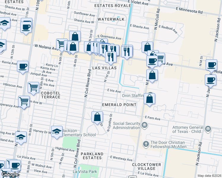 map of restaurants, bars, coffee shops, grocery stores, and more near 119 East Iris Avenue in McAllen