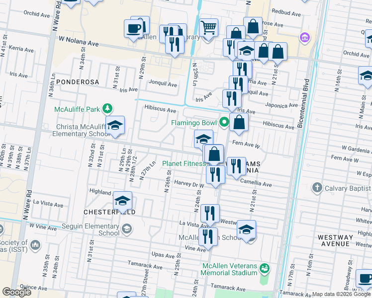 map of restaurants, bars, coffee shops, grocery stores, and more near 2505 Esperanza Lane in McAllen