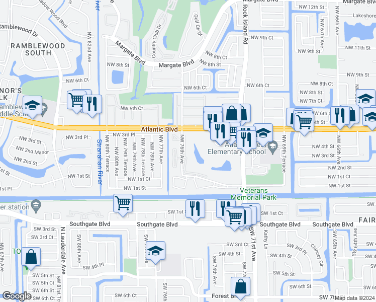 map of restaurants, bars, coffee shops, grocery stores, and more near 370 Northwest 76th Avenue in Margate