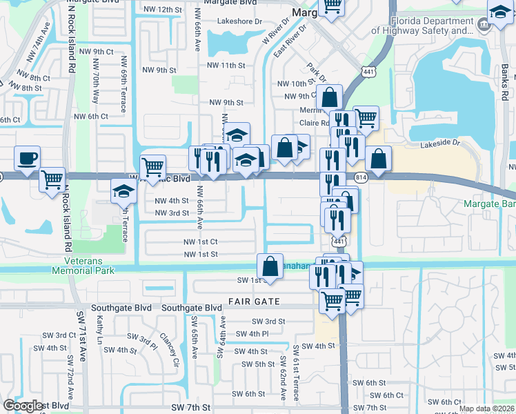 map of restaurants, bars, coffee shops, grocery stores, and more near 6083 Northwest 3rd Street in Margate