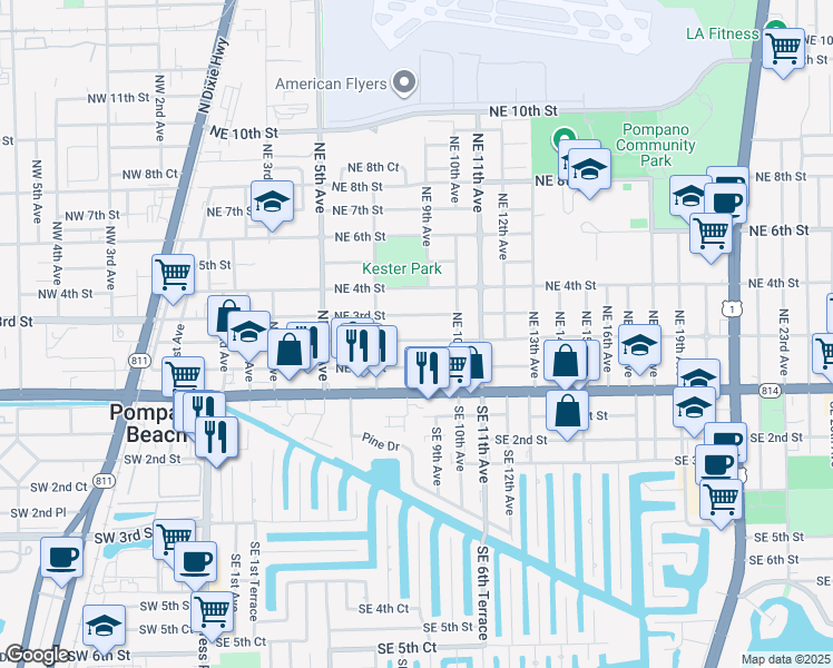 map of restaurants, bars, coffee shops, grocery stores, and more near 727 Northeast 2nd Street in Pompano Beach