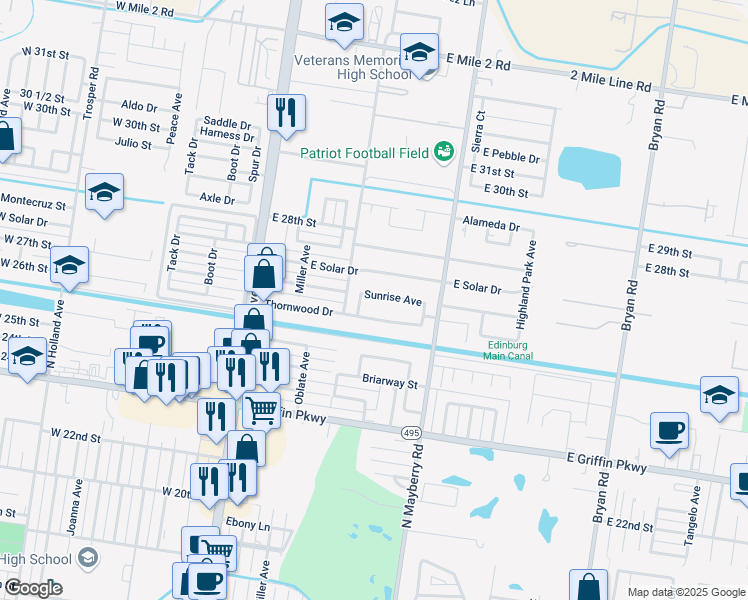 map of restaurants, bars, coffee shops, grocery stores, and more near 510 Sunrise Lane in Mission
