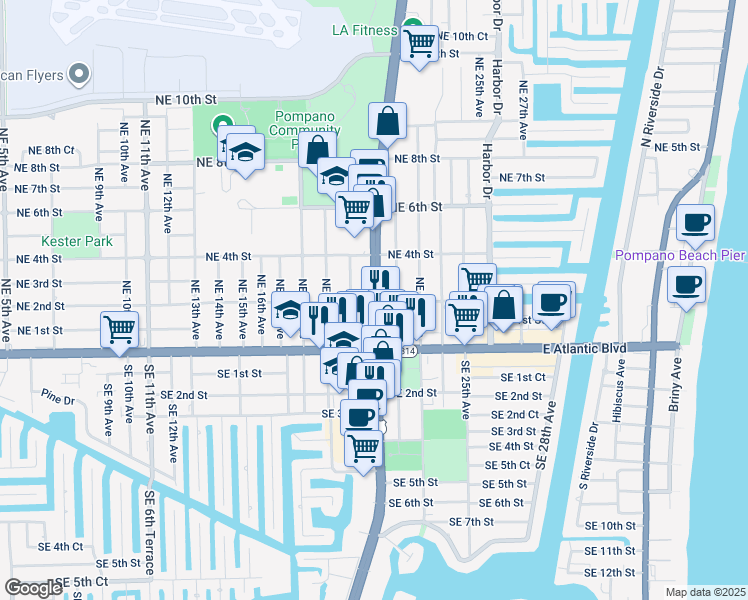 map of restaurants, bars, coffee shops, grocery stores, and more near in Pompano Beach