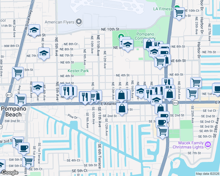 map of restaurants, bars, coffee shops, grocery stores, and more near 1300 Northeast 2nd Street in Pompano Beach