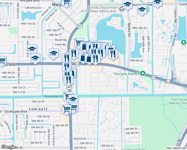 map of restaurants, bars, coffee shops, grocery stores, and more near 5520 North Lakewood Circle in Margate