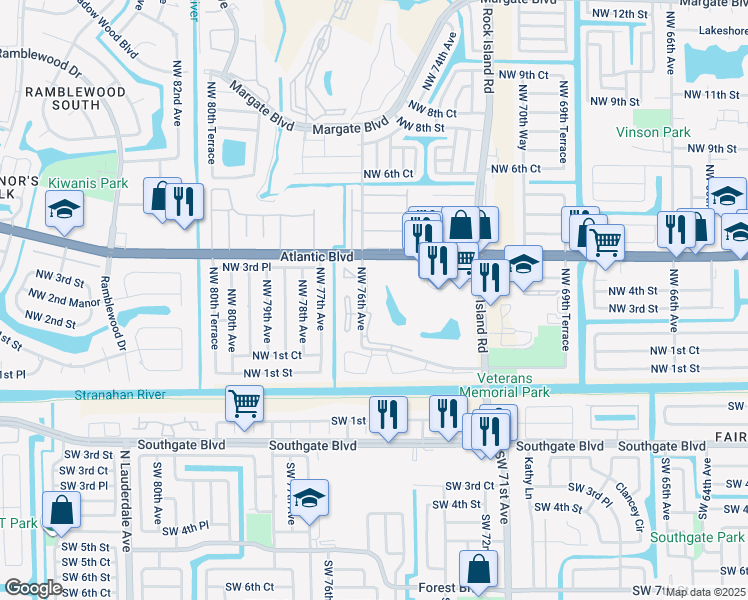 map of restaurants, bars, coffee shops, grocery stores, and more near 370 Northwest 76th Avenue in Margate
