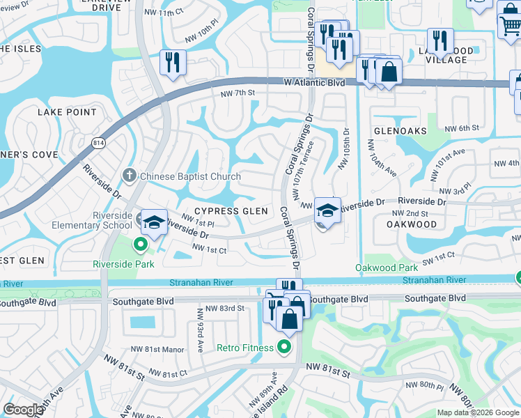 map of restaurants, bars, coffee shops, grocery stores, and more near 11010 Northwest 2nd Street in Coral Springs