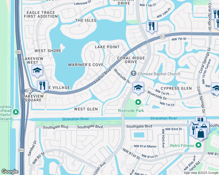 map of restaurants, bars, coffee shops, grocery stores, and more near 11857 Northwest 2nd Street in Coral Springs