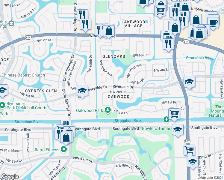 map of restaurants, bars, coffee shops, grocery stores, and more near 10411 Northwest 2nd Street in Coral Springs