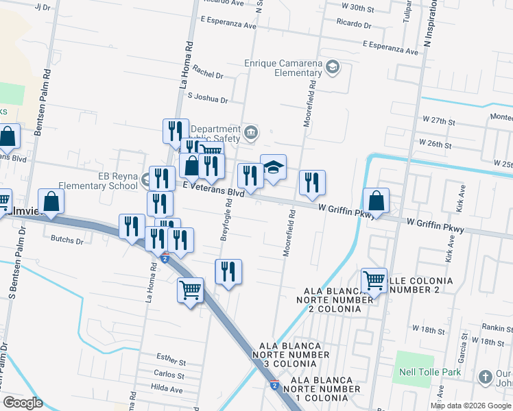 map of restaurants, bars, coffee shops, grocery stores, and more near 1117 East Veterans Boulevard in Palmview